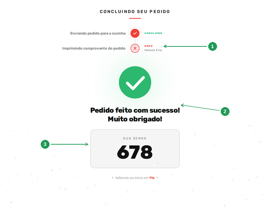 Tela de pedido concluído no totem, com a senha