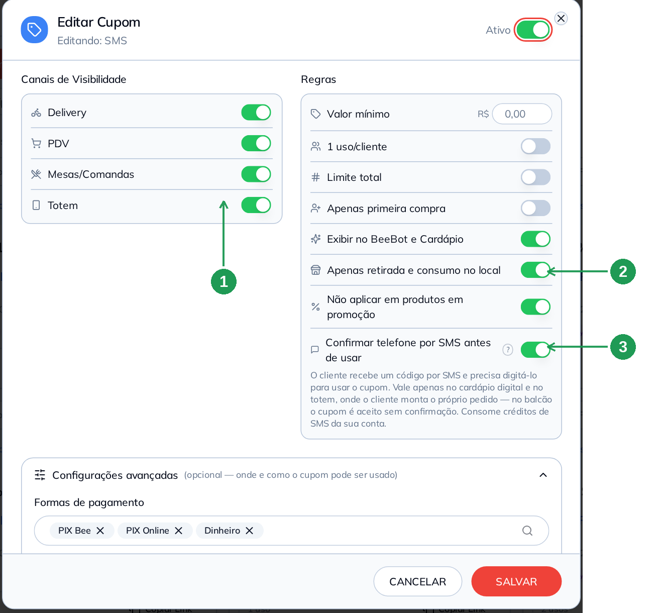 Modal do cupom: canais de visibilidade e regras