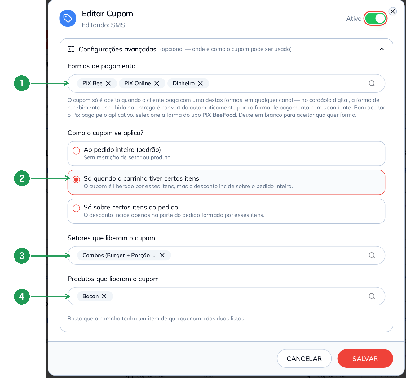Configurações avançadas do cupom