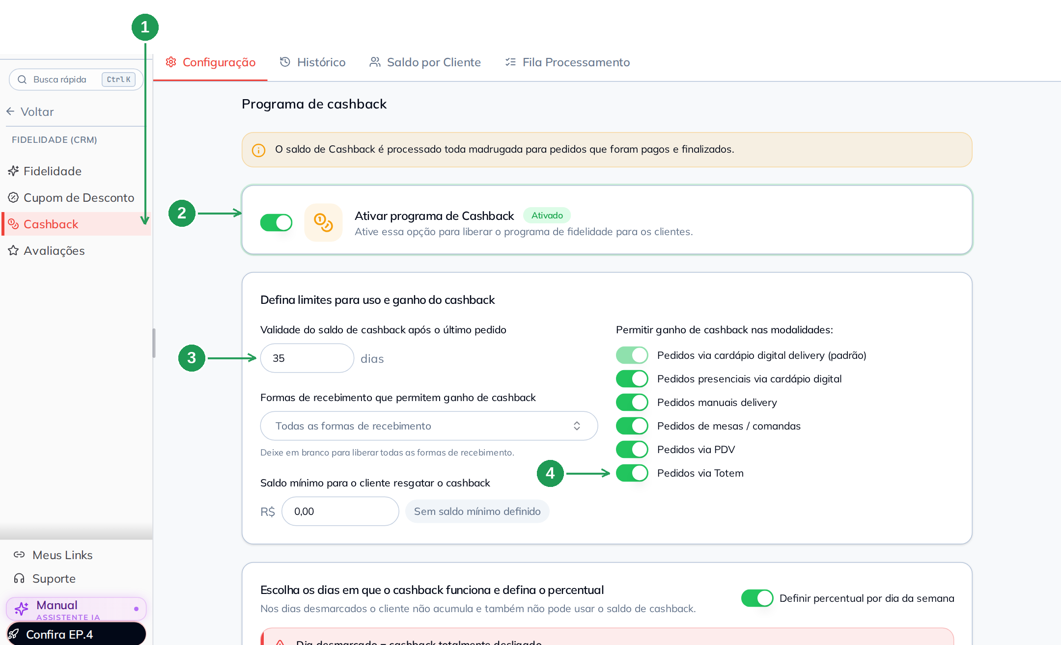 Programa de cashback e a modalidade Pedidos via Totem