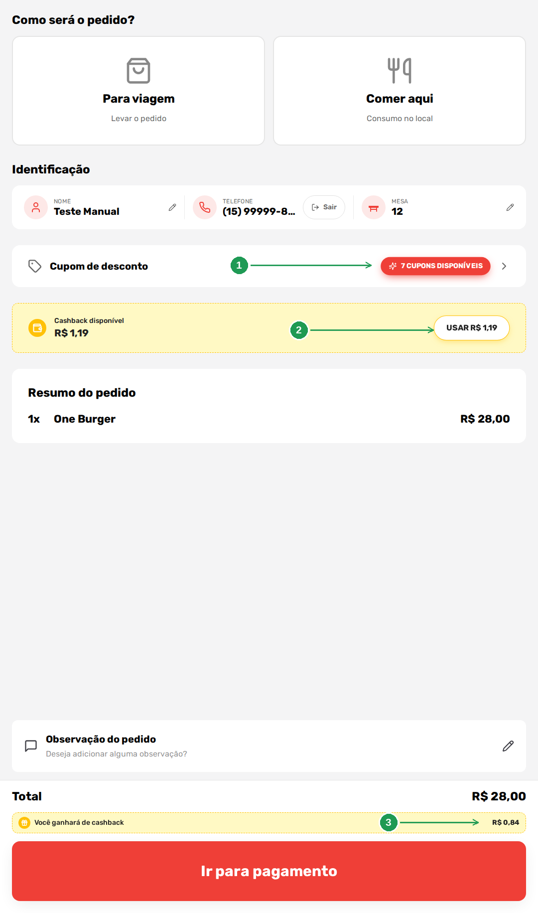 Confirmação do pedido no totem, com cupom e cashback