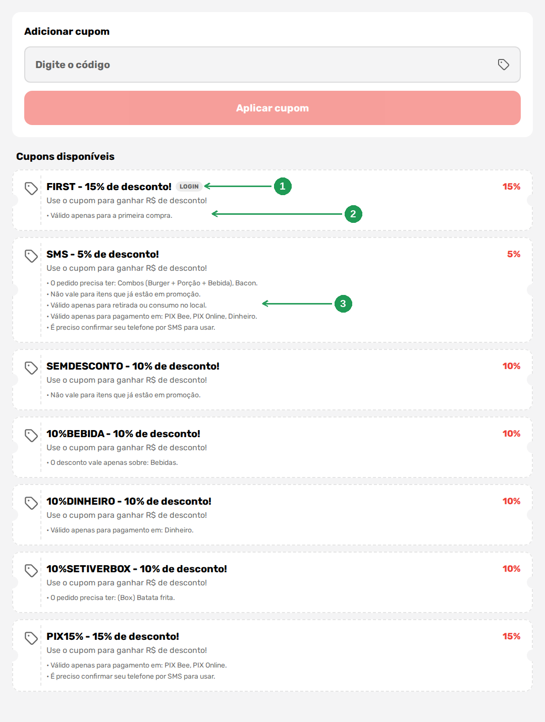 Lista de cupons no totem, com as regras em texto