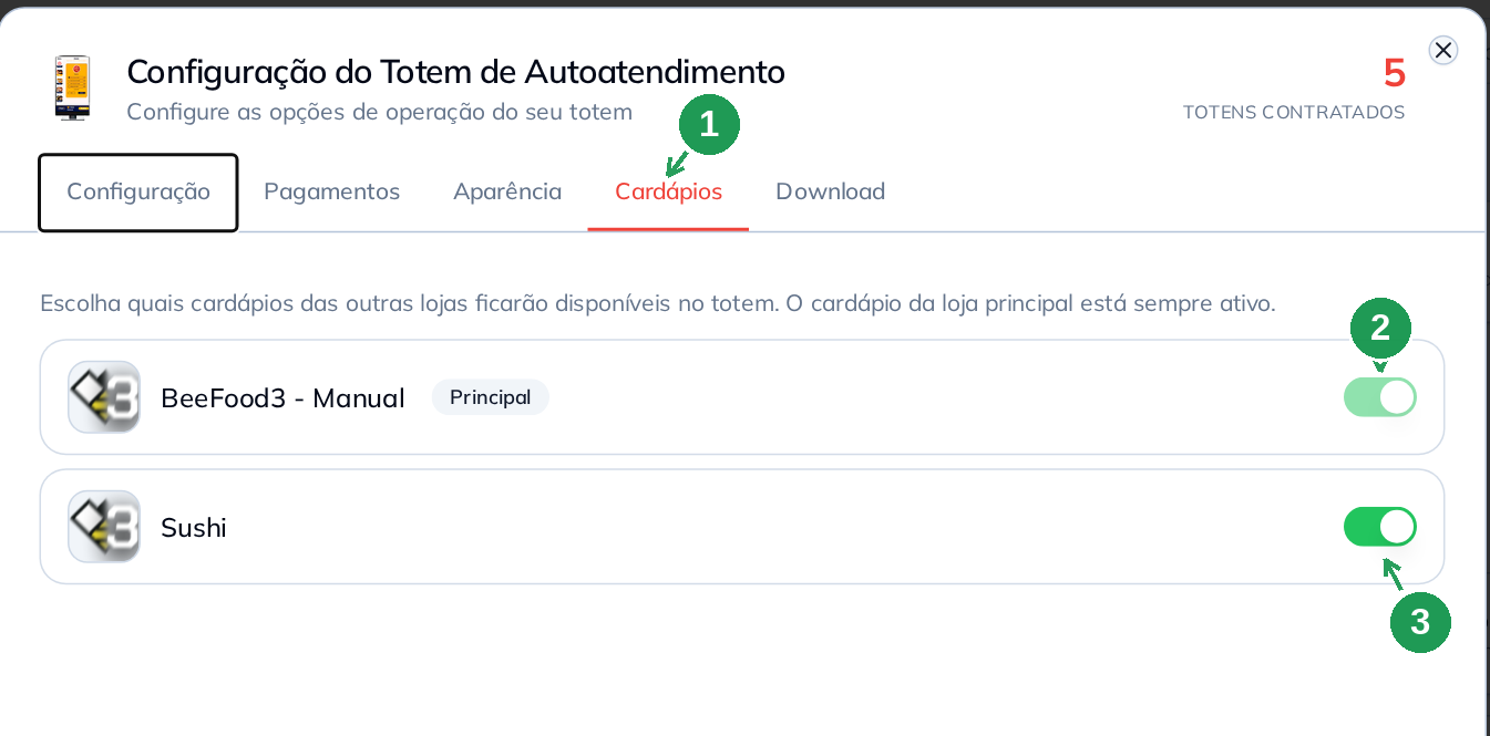 Aba Cardápios do totem, com o cardápio adicional ligado
