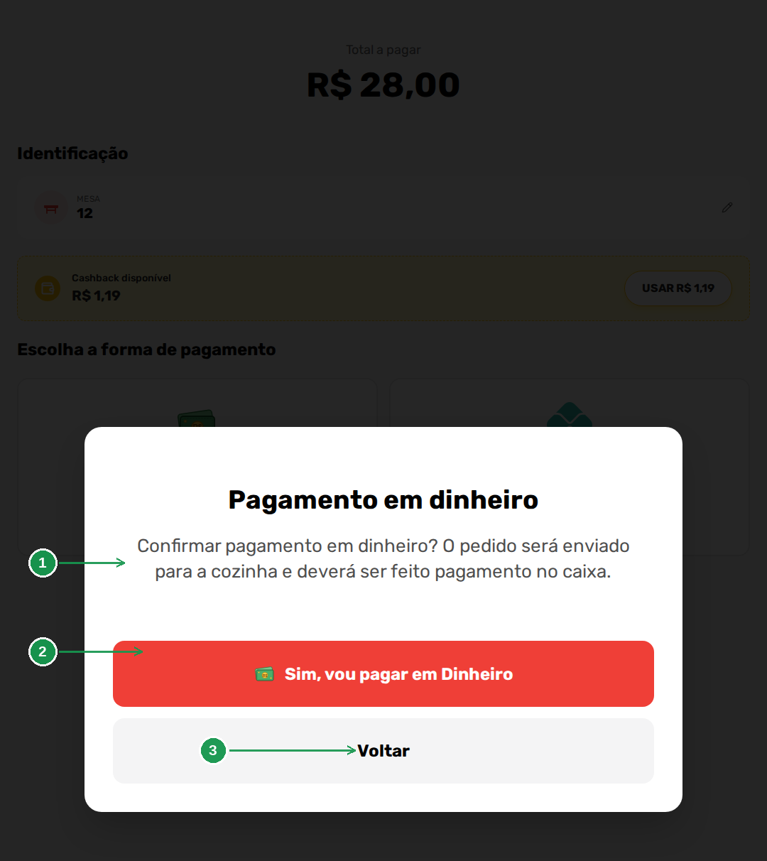 Confirmação de pagamento em dinheiro no totem