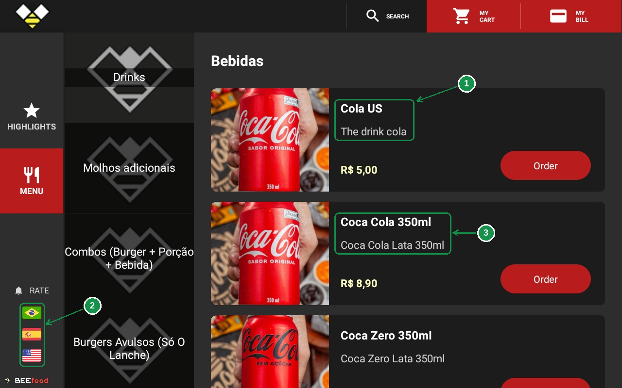 Coca traduzida no cardápio do tablet, com as bandeiras na lateral