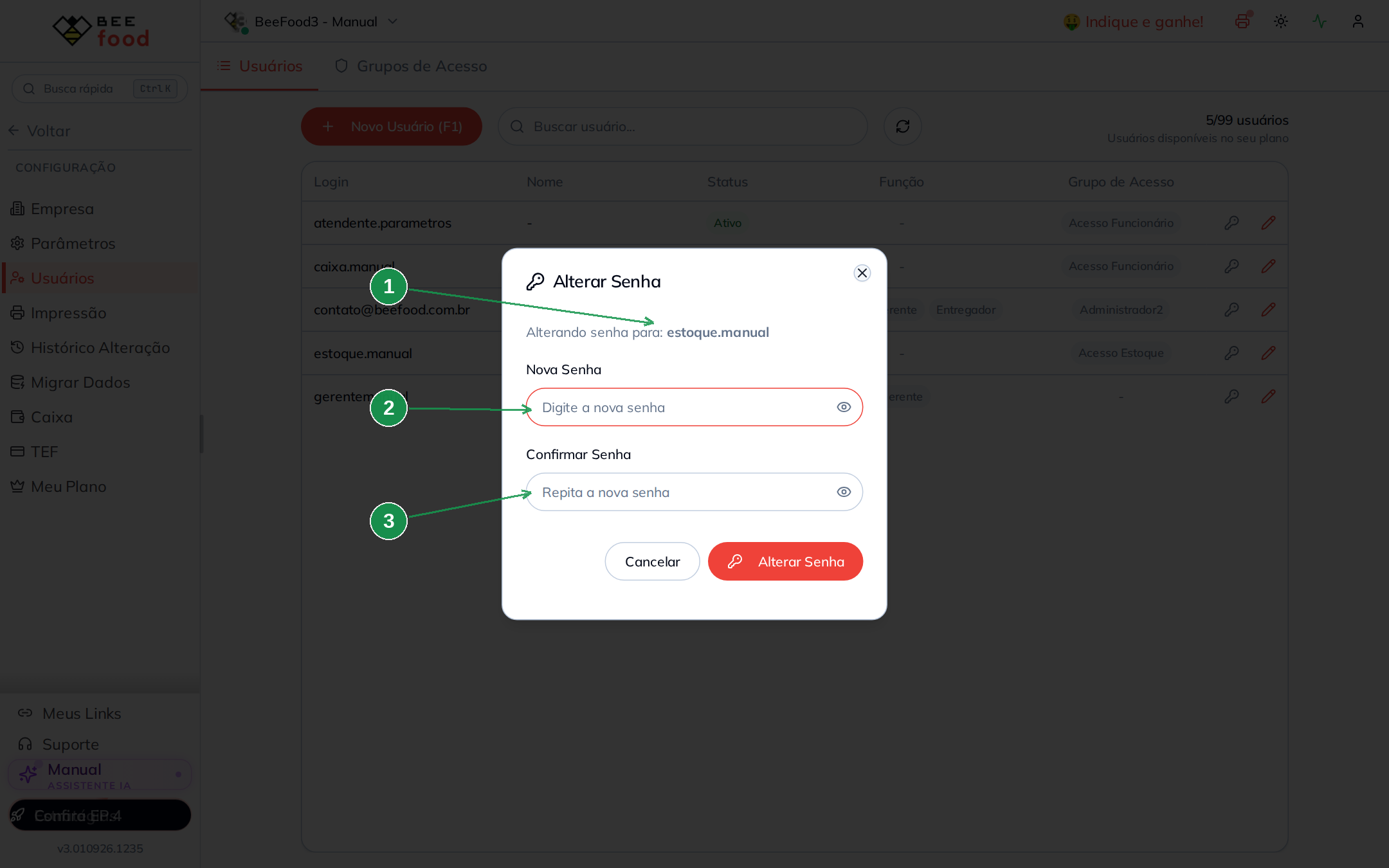 Modal para alterar a senha de um usuário