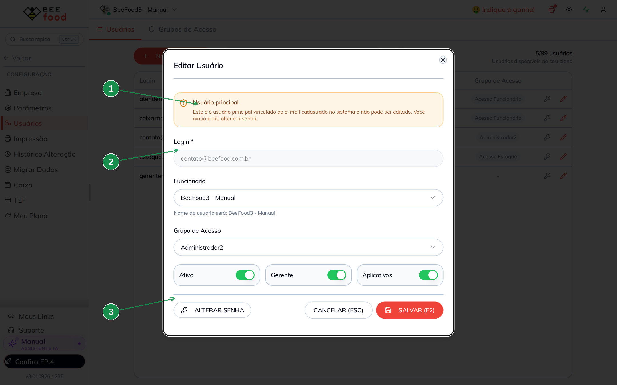 Cadastro do usuário principal com o login bloqueado para edição