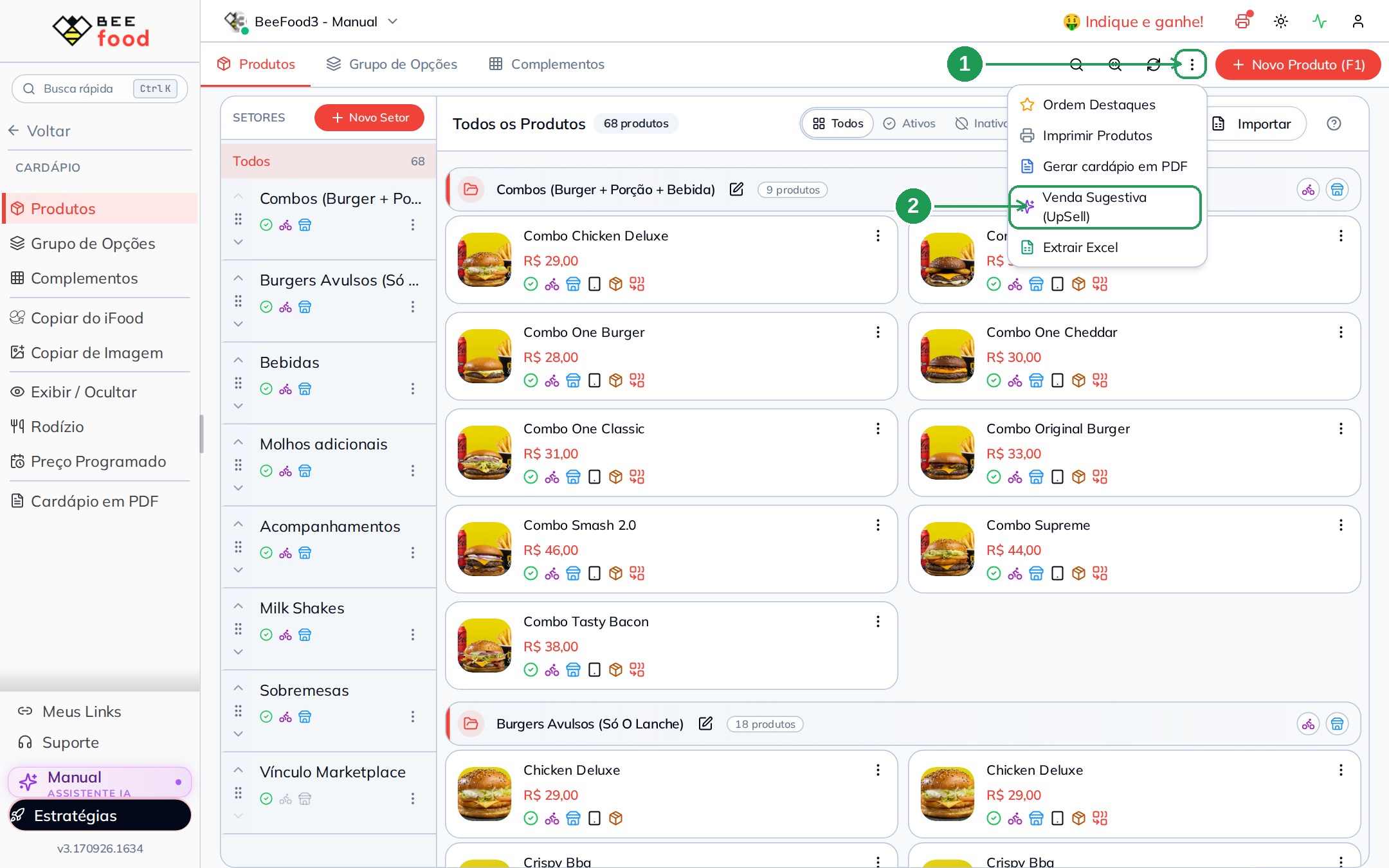 Menu de ações da tela Cardápio com a opção Venda Sugestiva UpSell