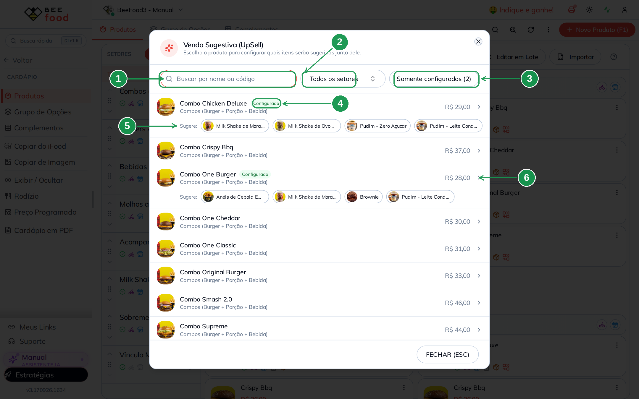 Janela Venda Sugestiva UpSell com busca, filtro de setores, produtos configurados e sugestões