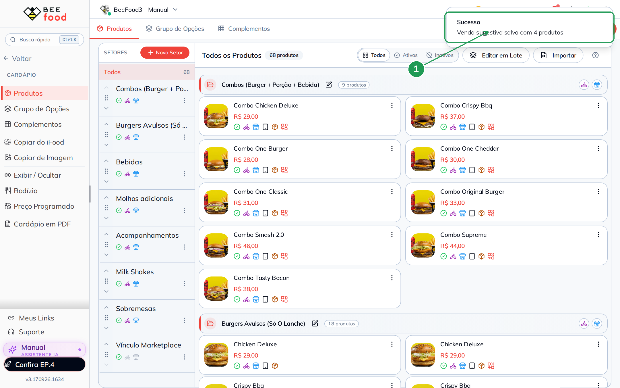 Aviso de sucesso informando que a venda sugestiva foi salva com quatro produtos