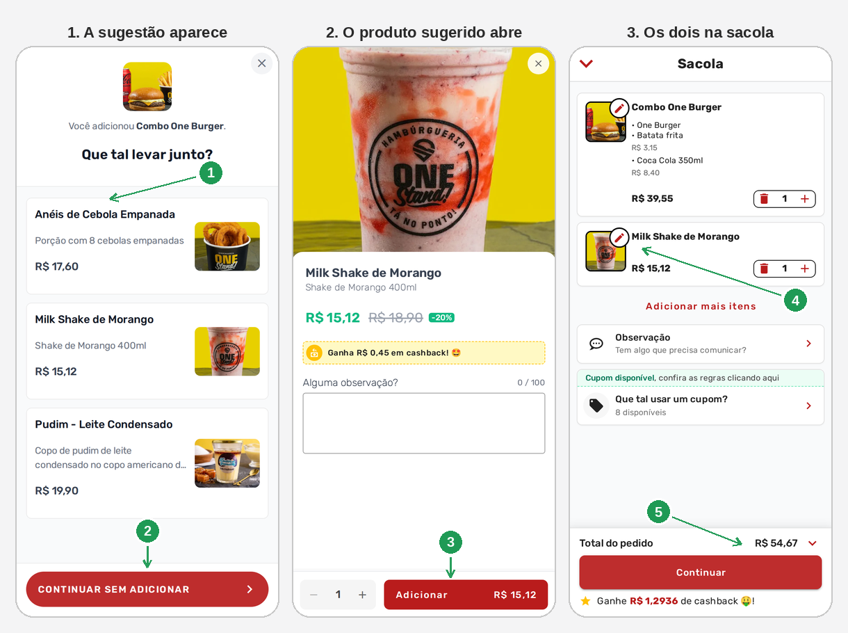 Sugestão no cardápio digital de delivery, do card do produto até a sacola