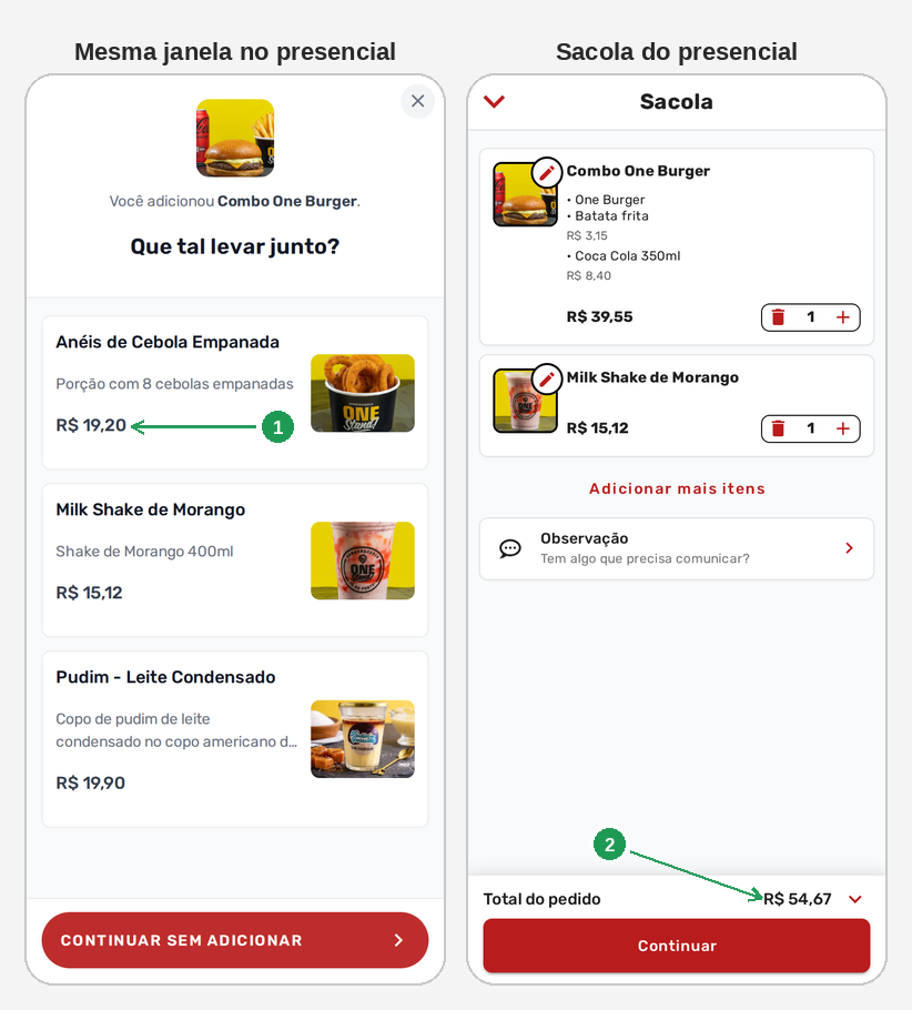 A mesma sugestão no cardápio digital presencial com o preço do canal e a sacola