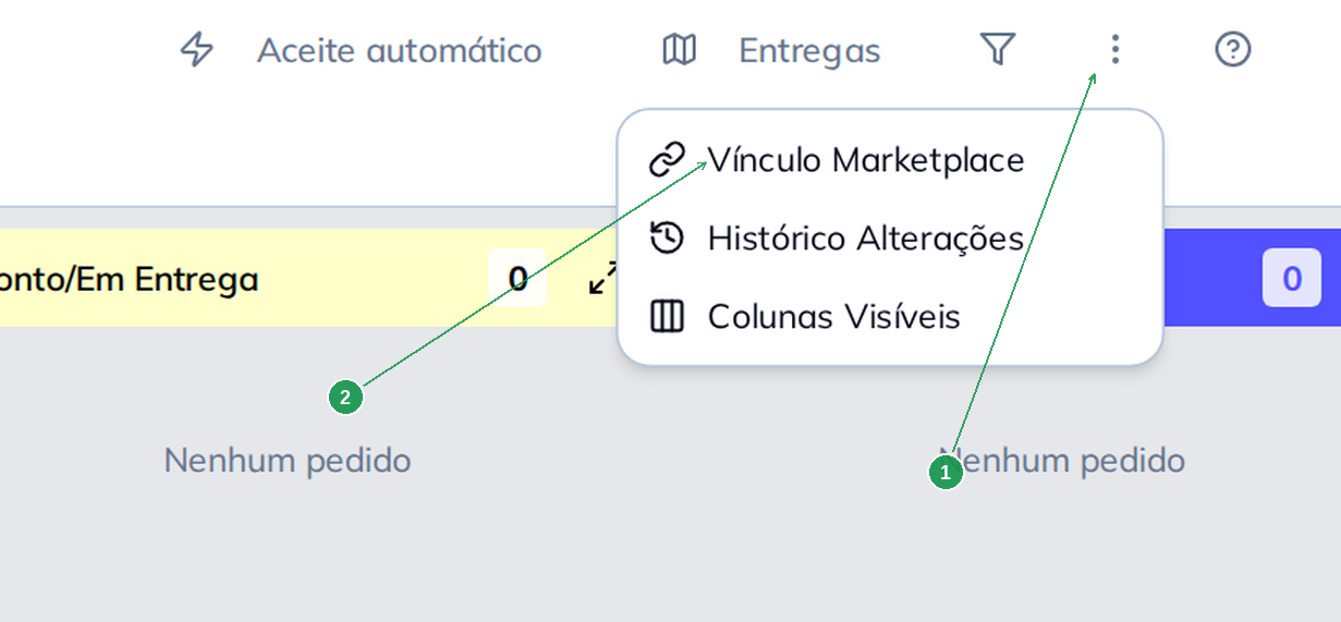 Menu do Delivery com Vínculo Marketplace destacado