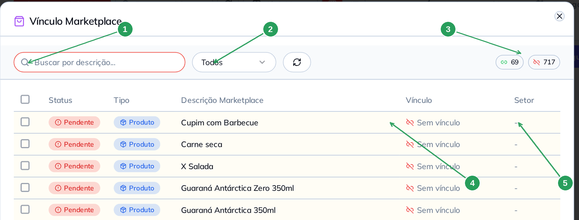 Tela do Vínculo Marketplace com busca, filtros, contadores e colunas de vínculo e setor