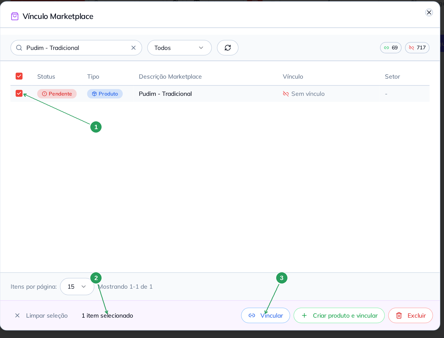 Item do marketplace selecionado na lista com o painel de ações visível