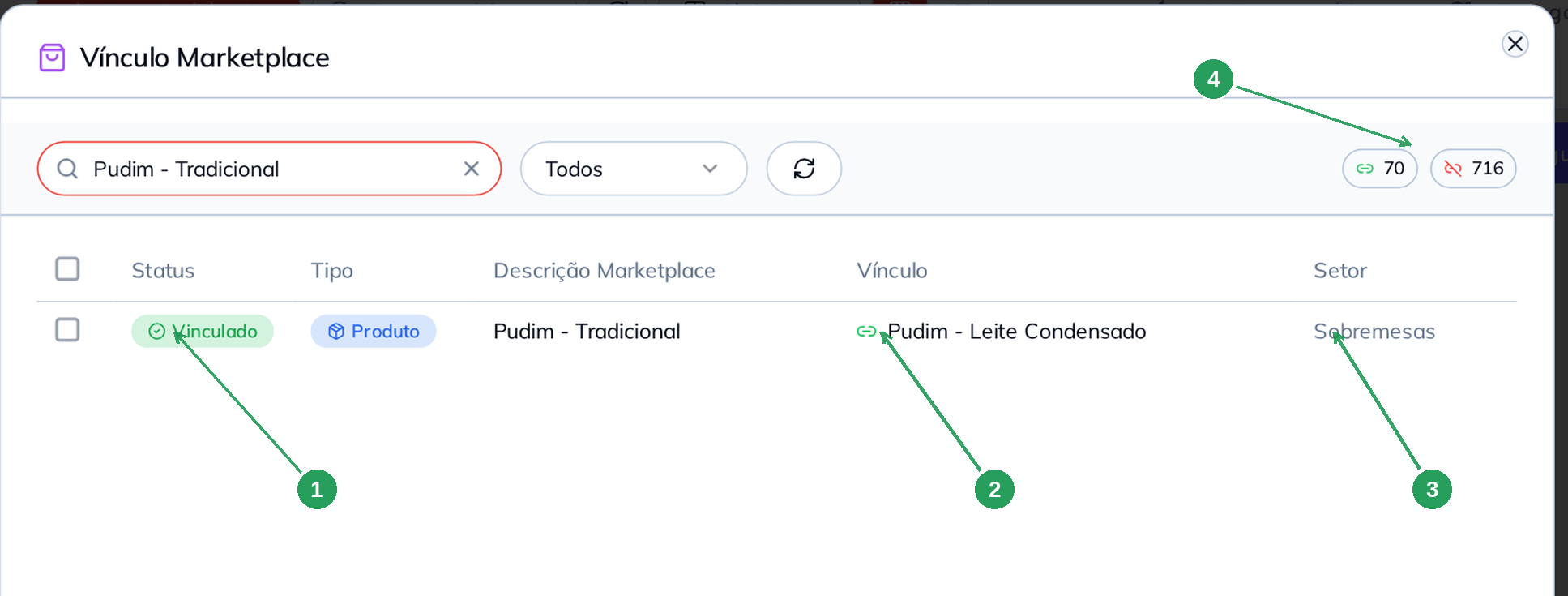 Lista mostrando o item vinculado com produto, setor e contadores atualizados