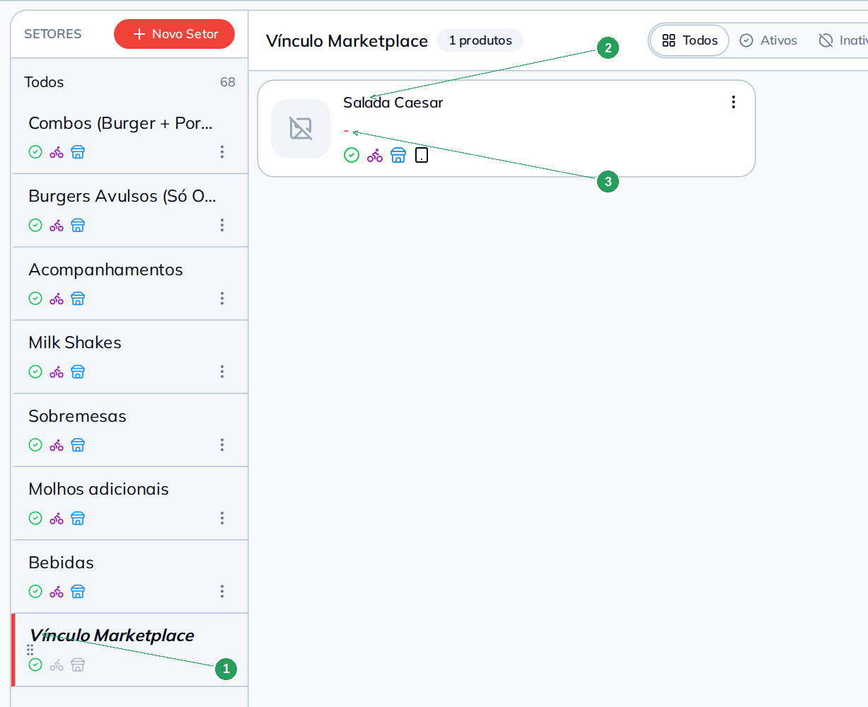Produto criado no Cardápio dentro do setor Vínculo Marketplace e sem preço