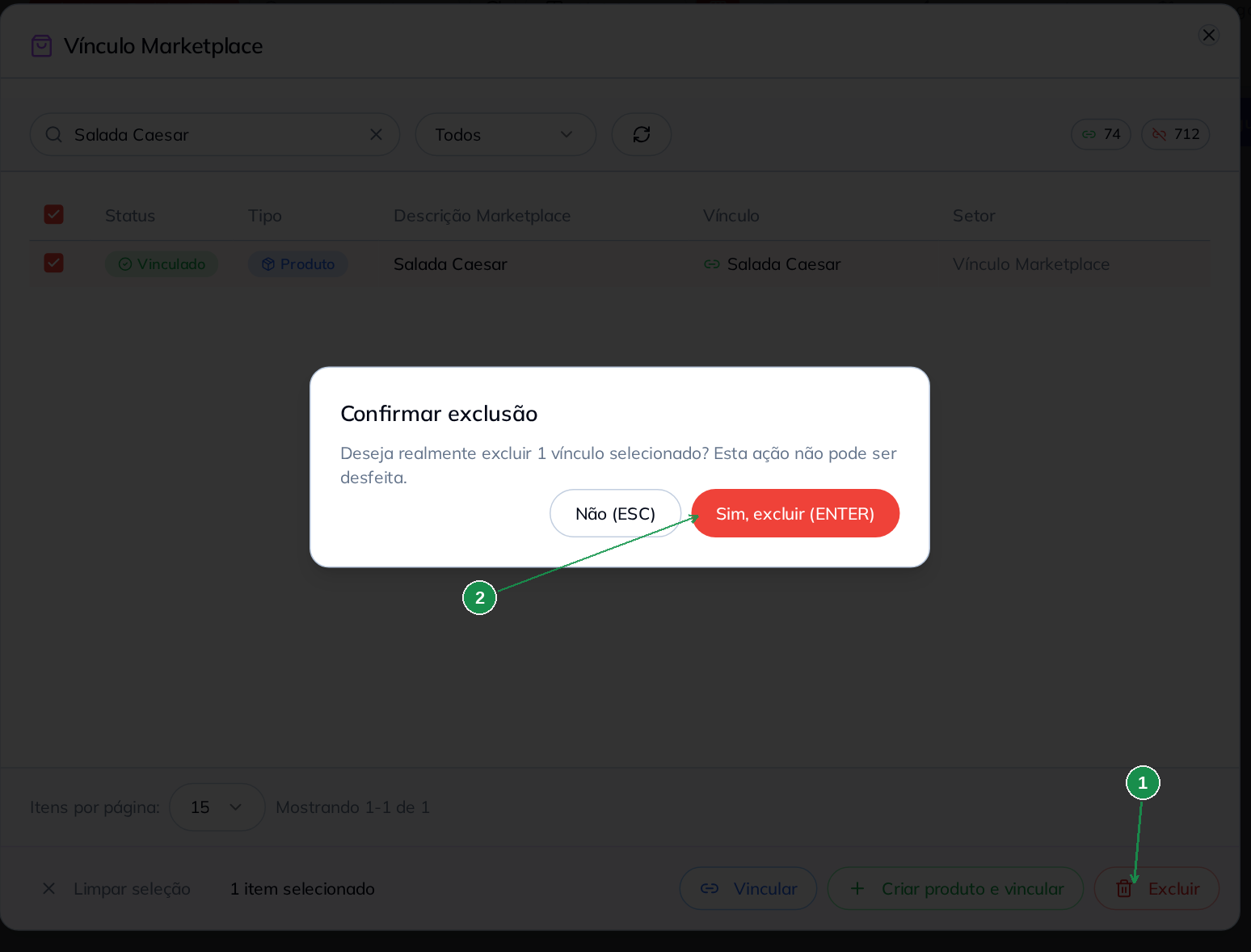 Diálogo de confirmação para excluir um vínculo de marketplace