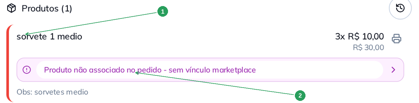 Pedido com a faixa Produto não associado no pedido indicando falta de vínculo marketplace