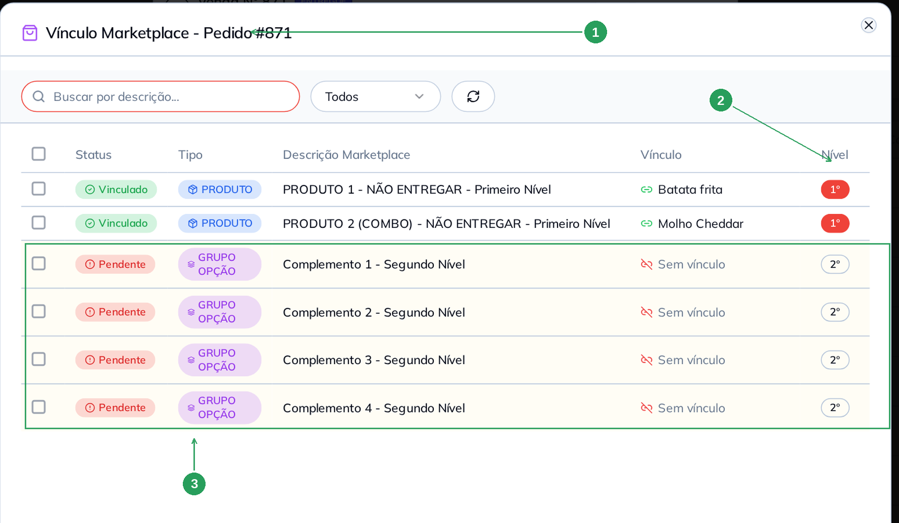 Modal de Vínculo Marketplace aberta dentro de um pedido com coluna Nível