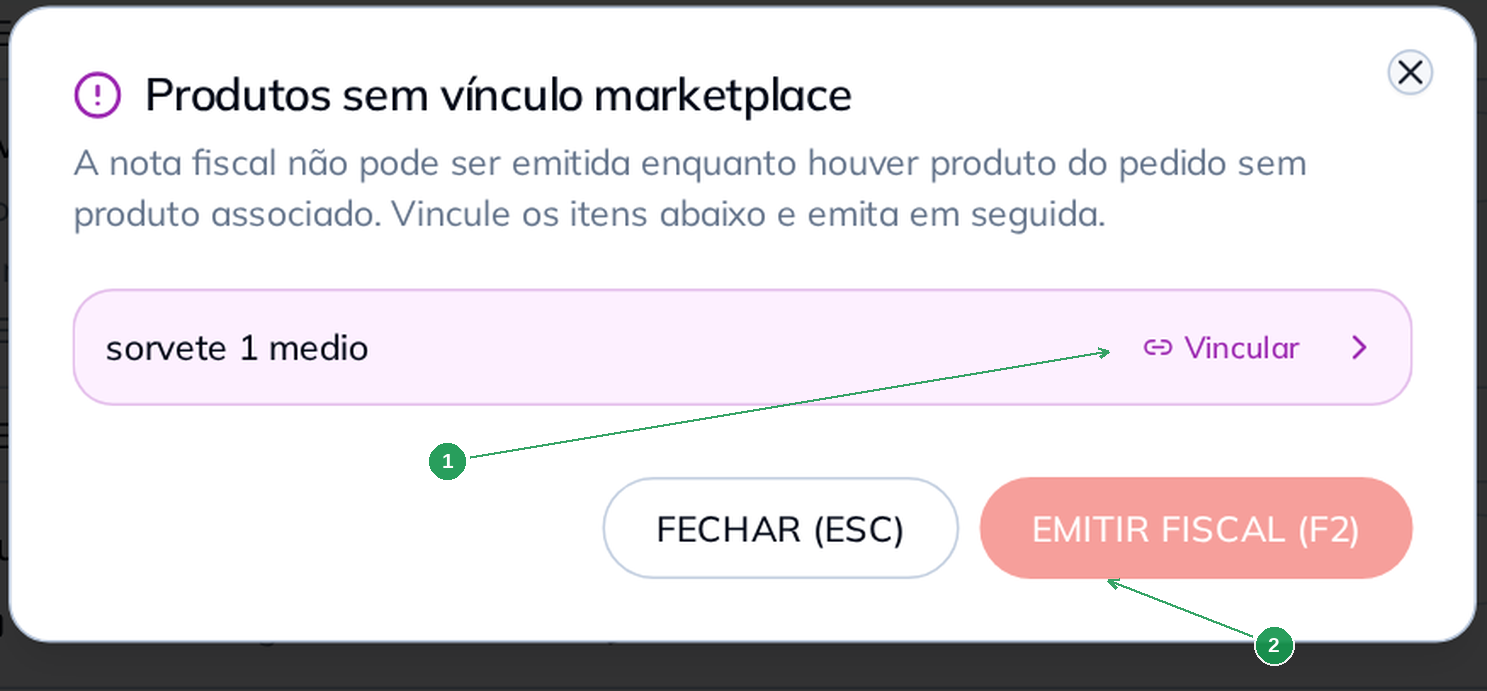 Janela Produtos sem vínculo marketplace com a emissão fiscal bloqueada