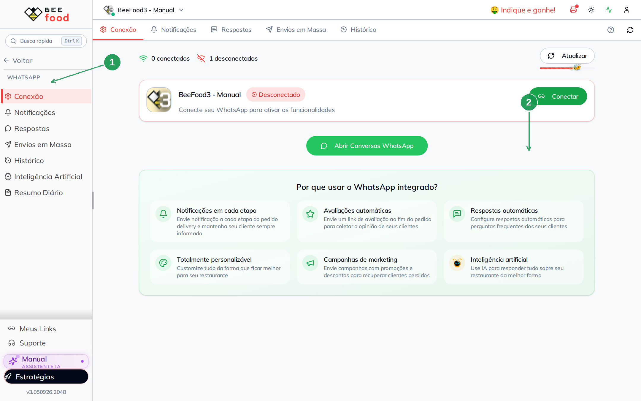Aba Conexão do WhatsApp no BeeFood com o número desconectado
