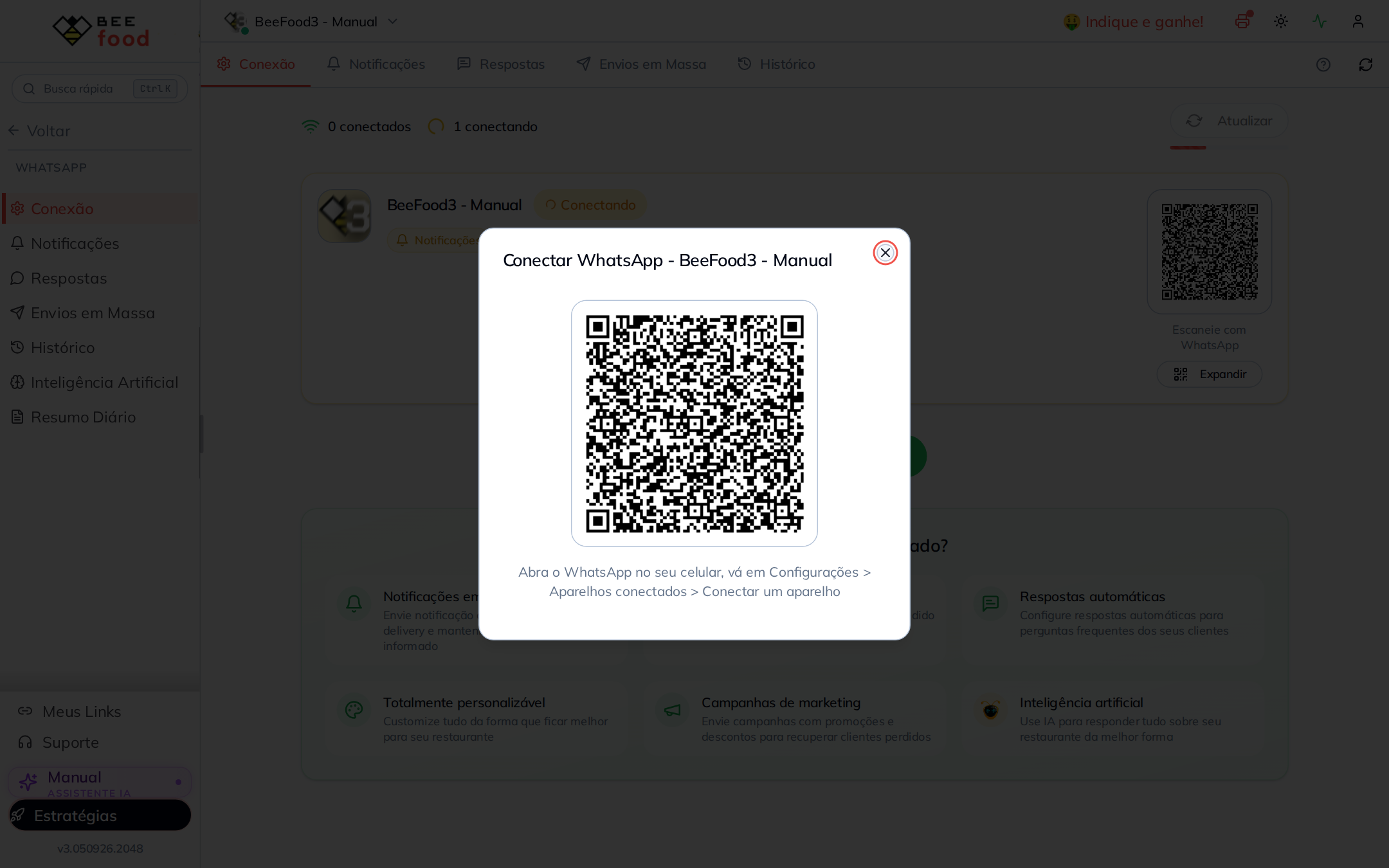 QR Code expandido para conexão do WhatsApp