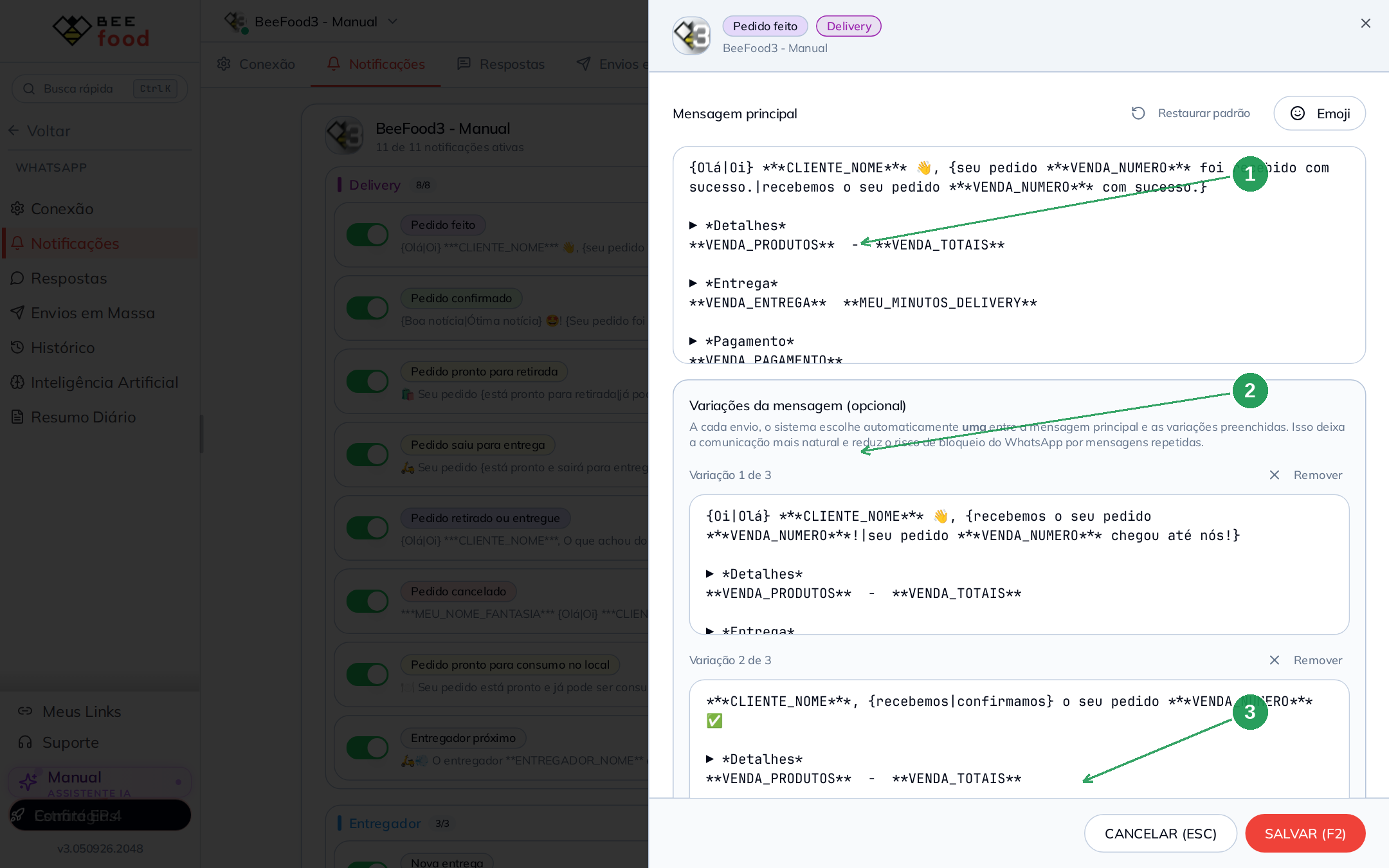 Tela de edição da notificação Pedido feito