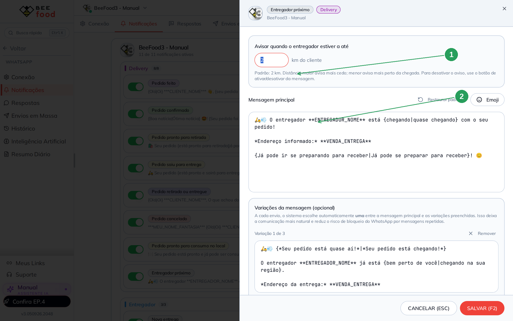 Tela de edição da notificação Entregador próximo