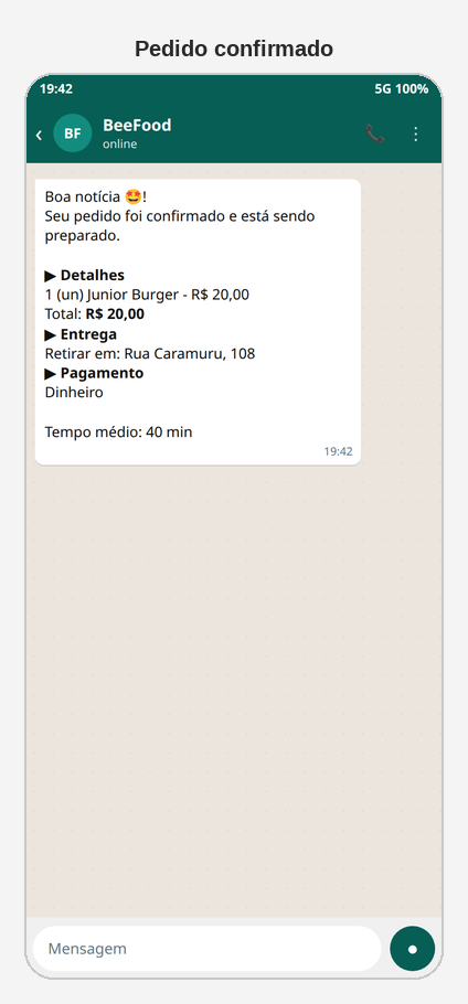 Notificação de pedido recebida pelo cliente no WhatsApp