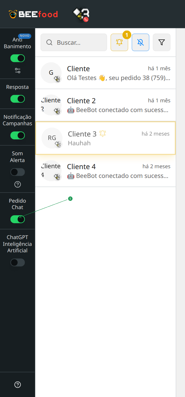 Interruptor Pedido Chat ativado no BeeBot