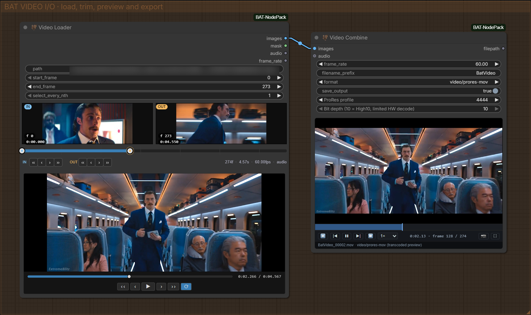 BAT Video Loader and Video Combine showing trim controls and an inline video preview