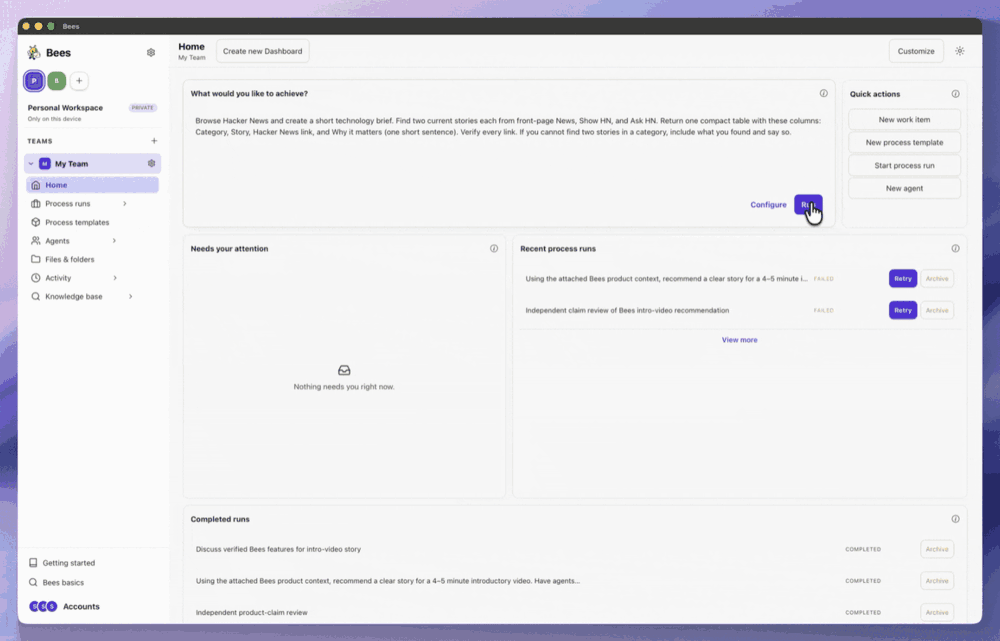 Bees runs a Hacker News request from Home, works it on the process board, and shows the finished table in the run