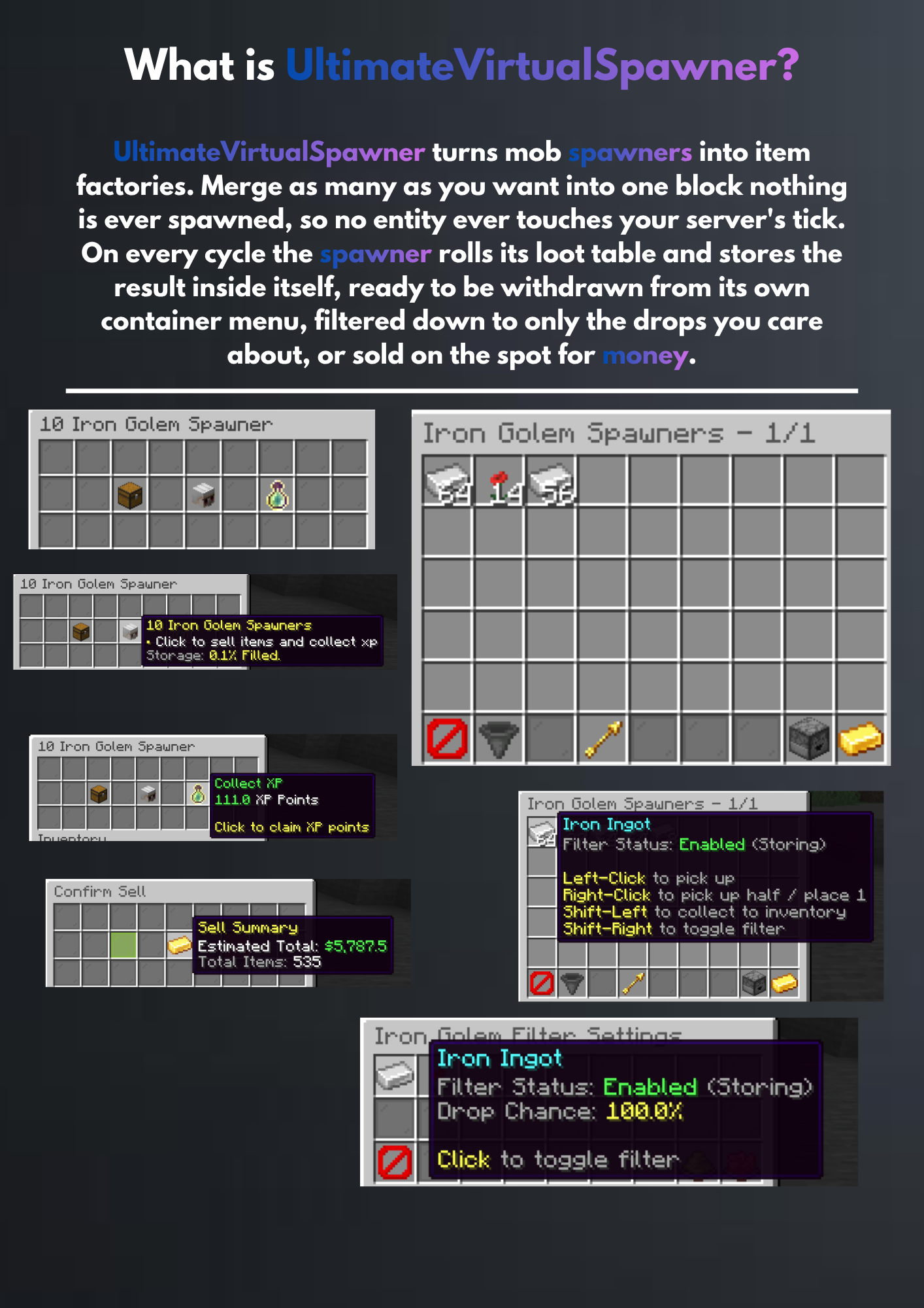 Spawner menu, stacking and drop filters