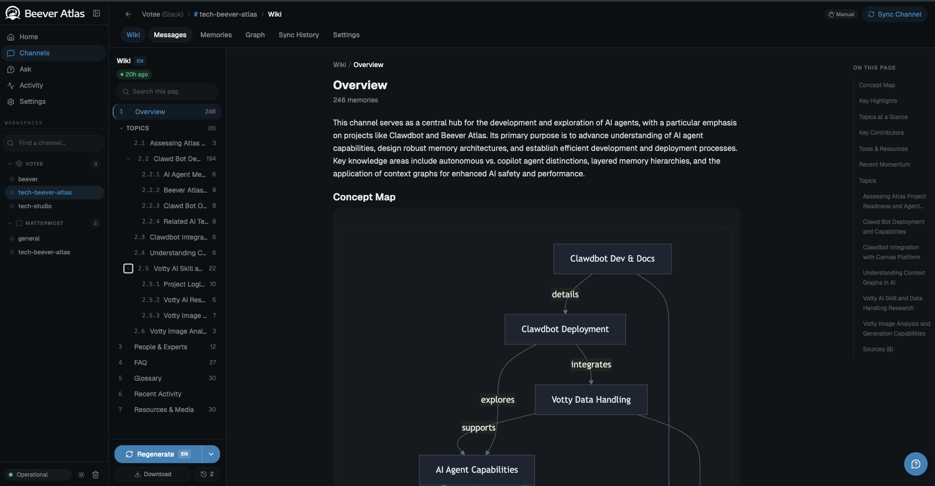 Beever Atlas wiki view — auto-generated overview with concept map, topics, FAQ, glossary, and resources, built from Slack messages
