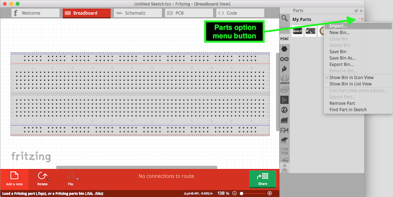 Location of Fritzing parts option button