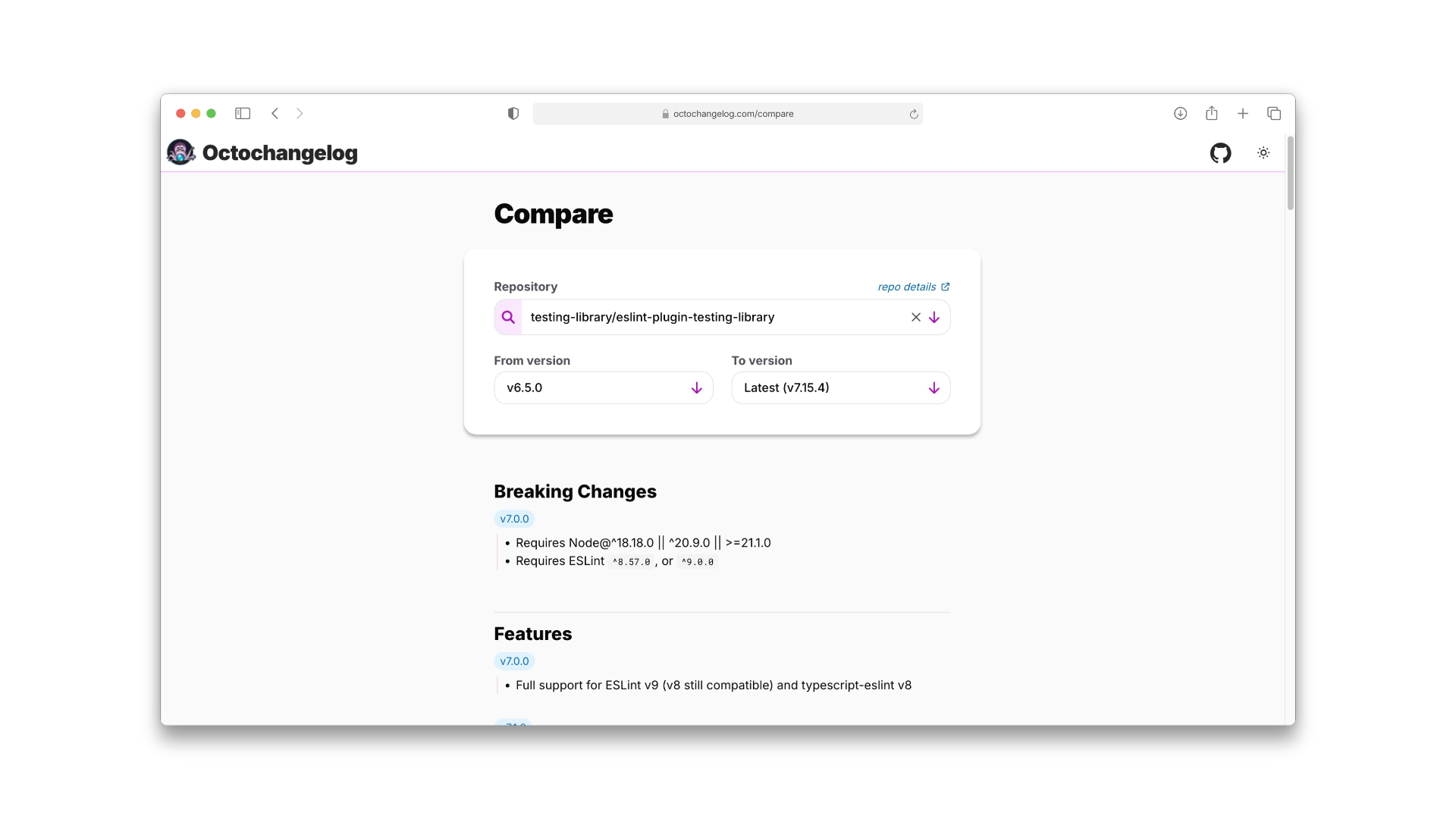Octochangelog comparing releases for the eslint-plugin-testing-library repo
