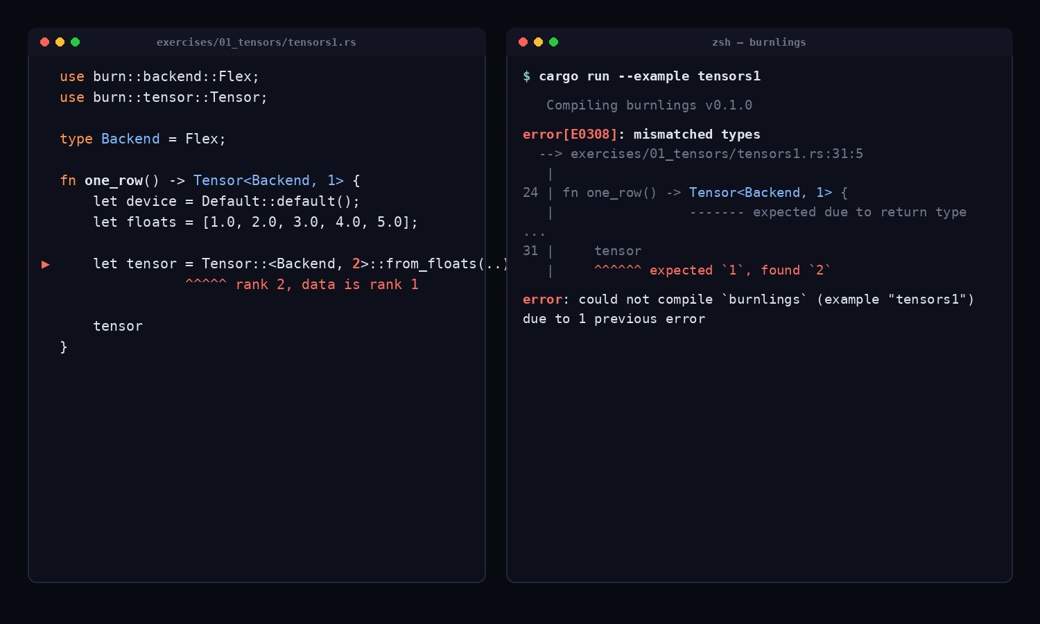 Burnlings demo: a rank-mismatch bug caught at compile time, fixed, and re-tested