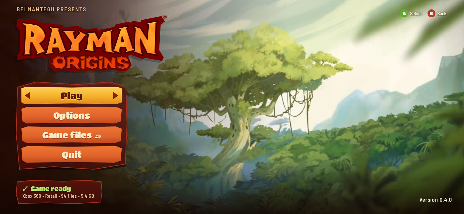Tela inicial do Rayman Origins Recompiled no Android com opções de jogo e arquivos