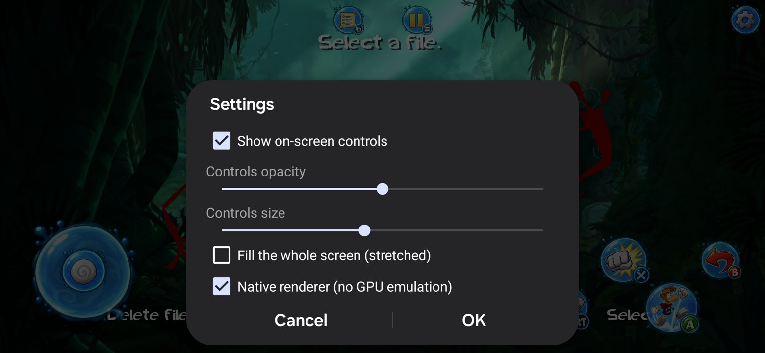 Tela de configurações do Rayman Origins Recompiled mostrando a opção de renderer nativo sem emulação da GPU