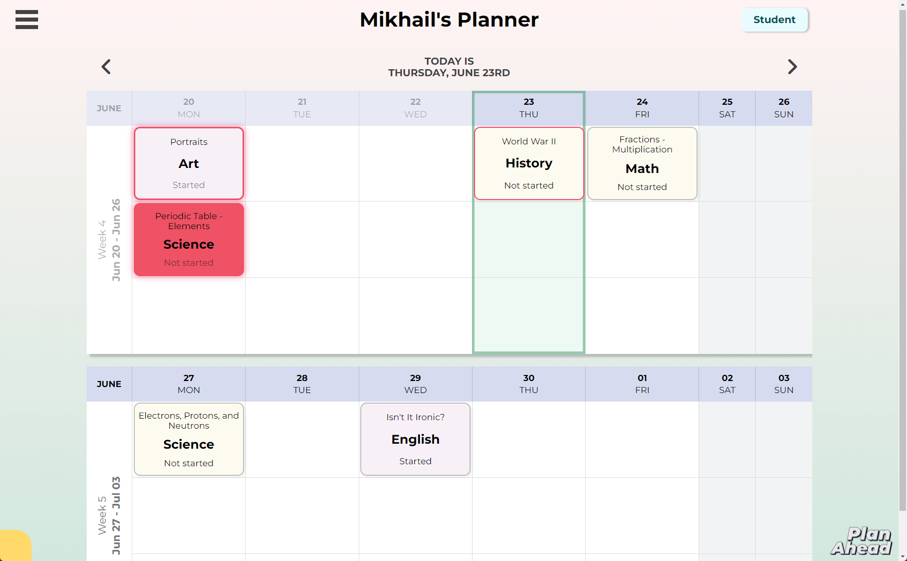 Student Calendar View