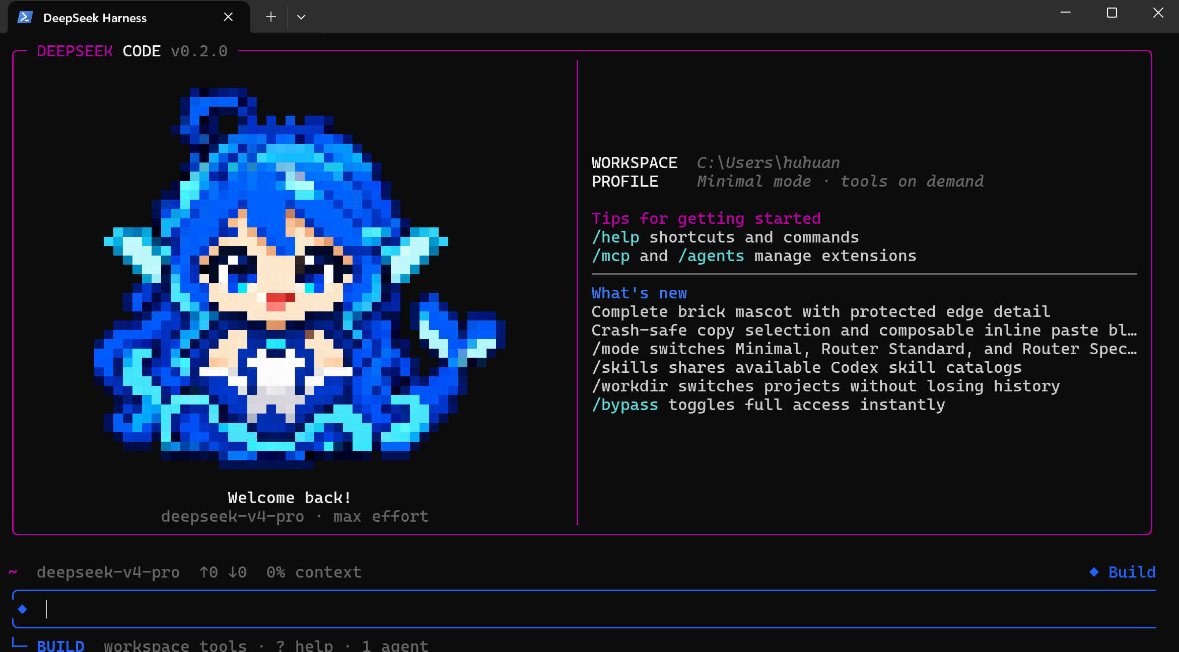 DeepSeek Code TUI v0.2.0 running in Windows Terminal