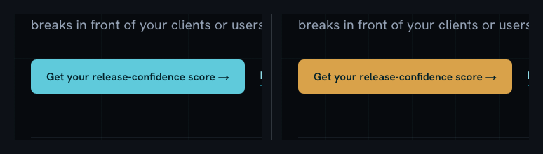 A StyleProof report: the CTA button before (cyan) and after (amber), side by side