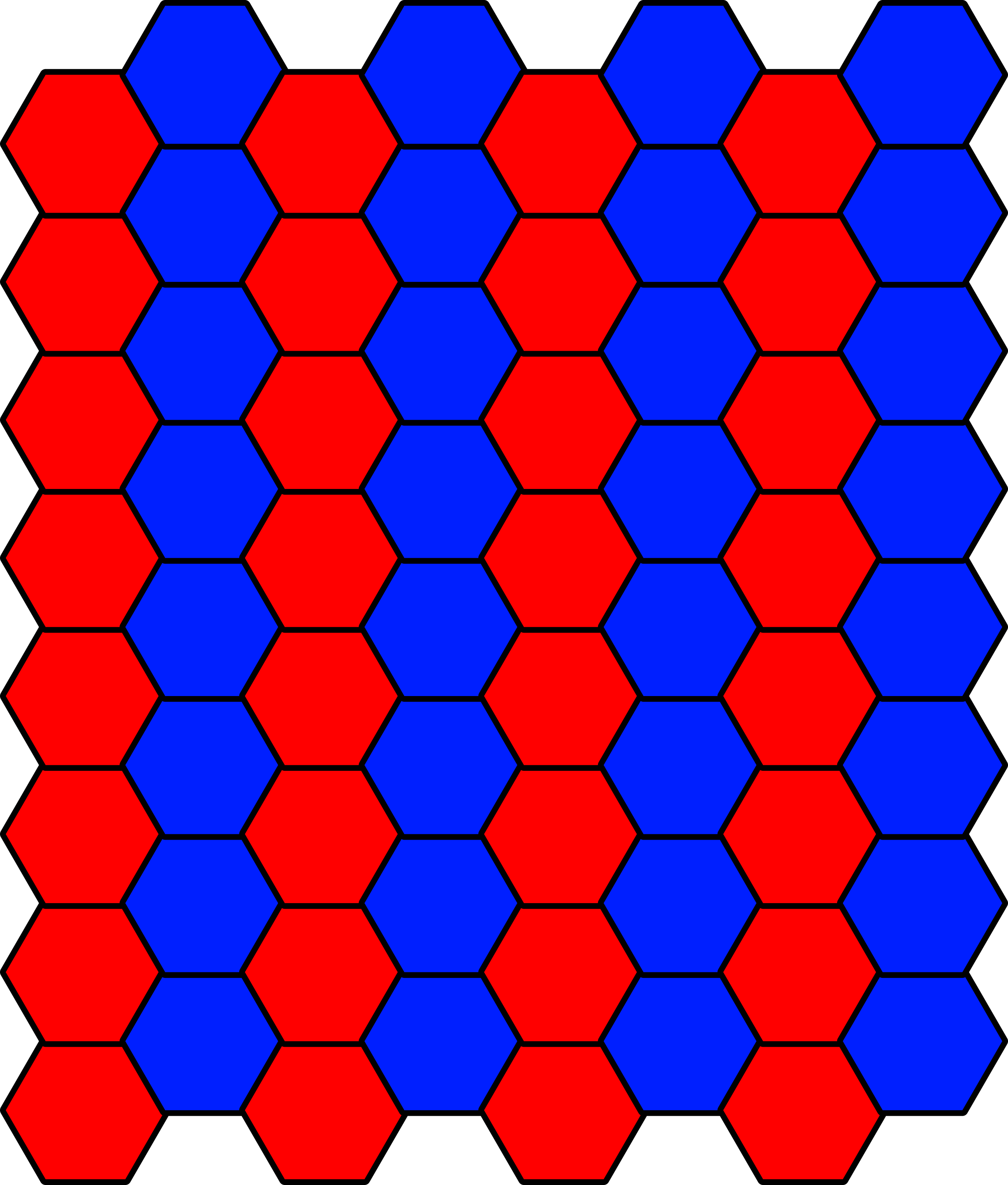 Hexagonal lattice where vertical rows of hexagons alternate between blue and red.