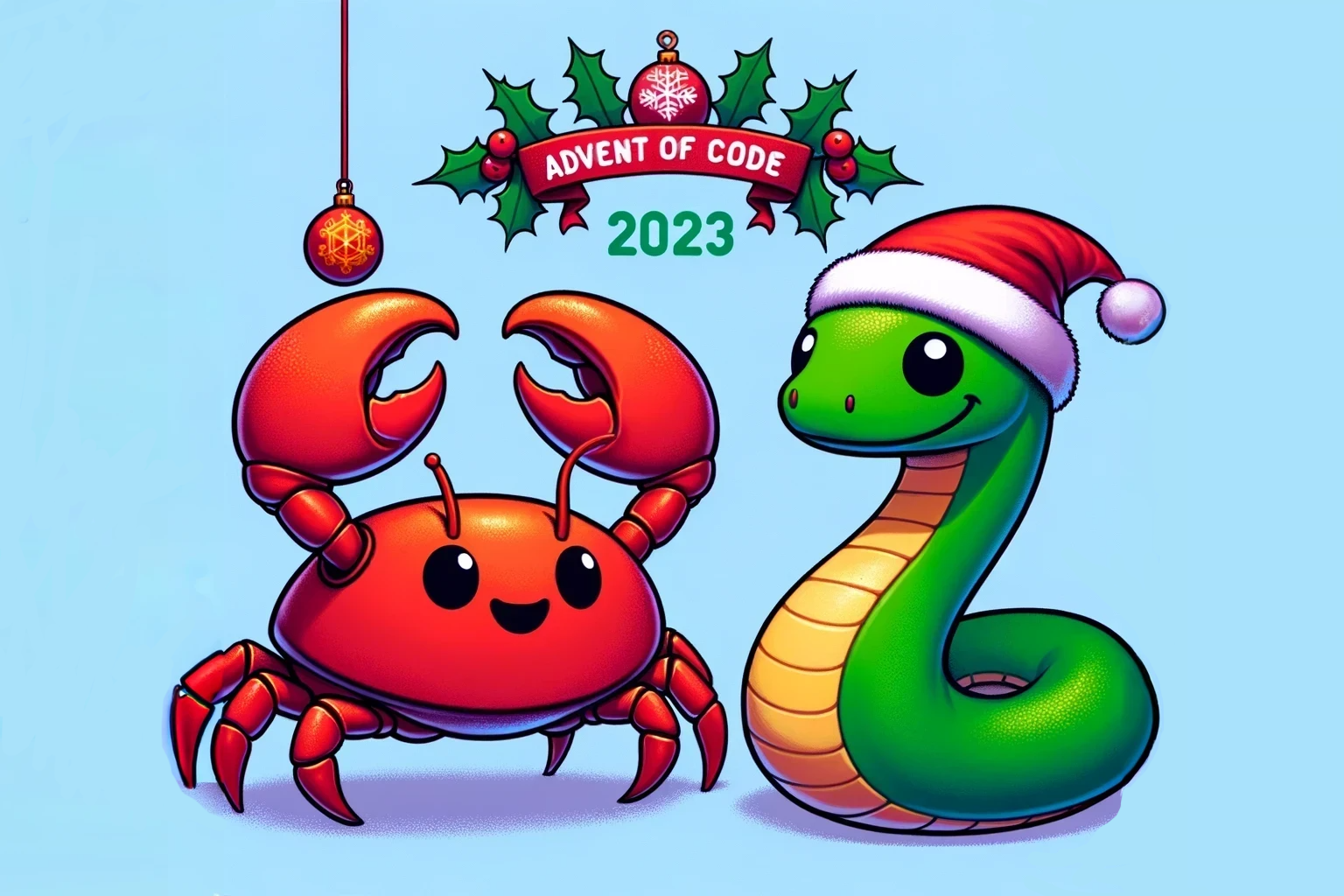 Rust crab and Python snake celebrating Advent of Code 2023