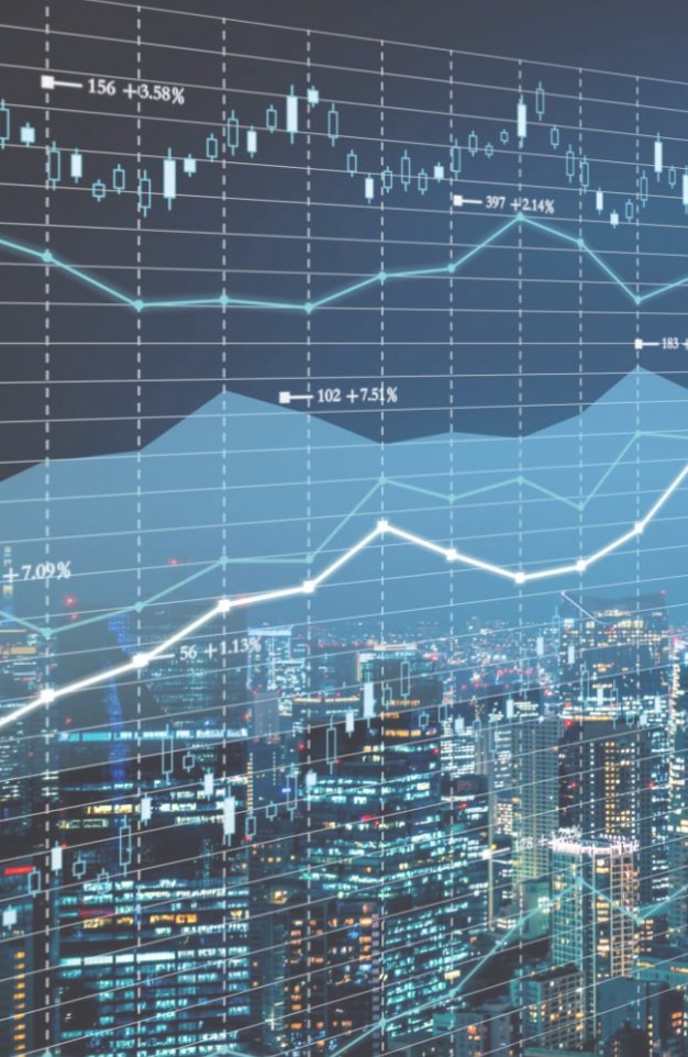 City skyline with market activity