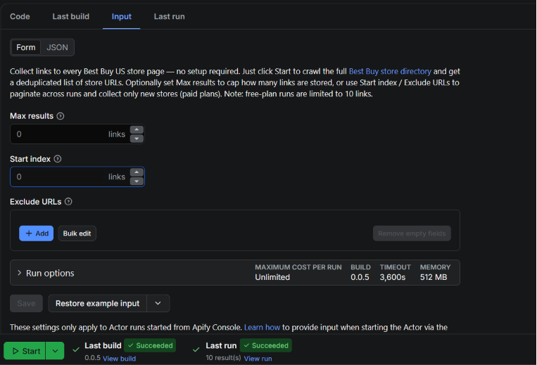 Best Buy Store Links Scraper input form in the Apify Console