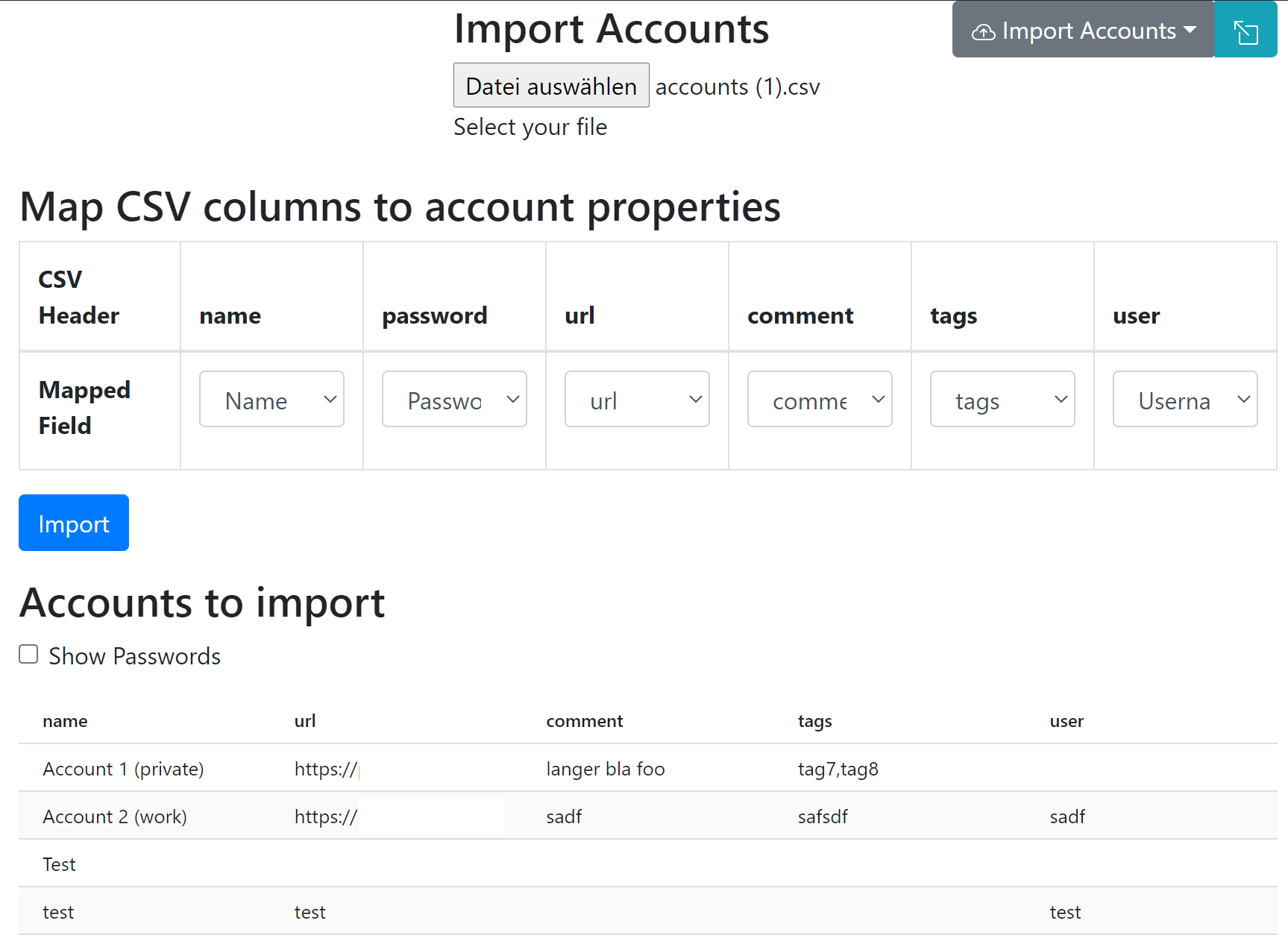 Importing accounts from csv