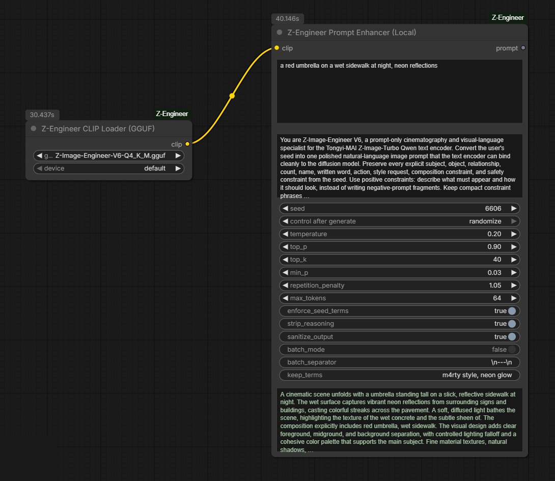 Z-Engineer GGUF loader feeding the local prompt enhancer, with keep_terms set and the enhanced prompt previewed on the node