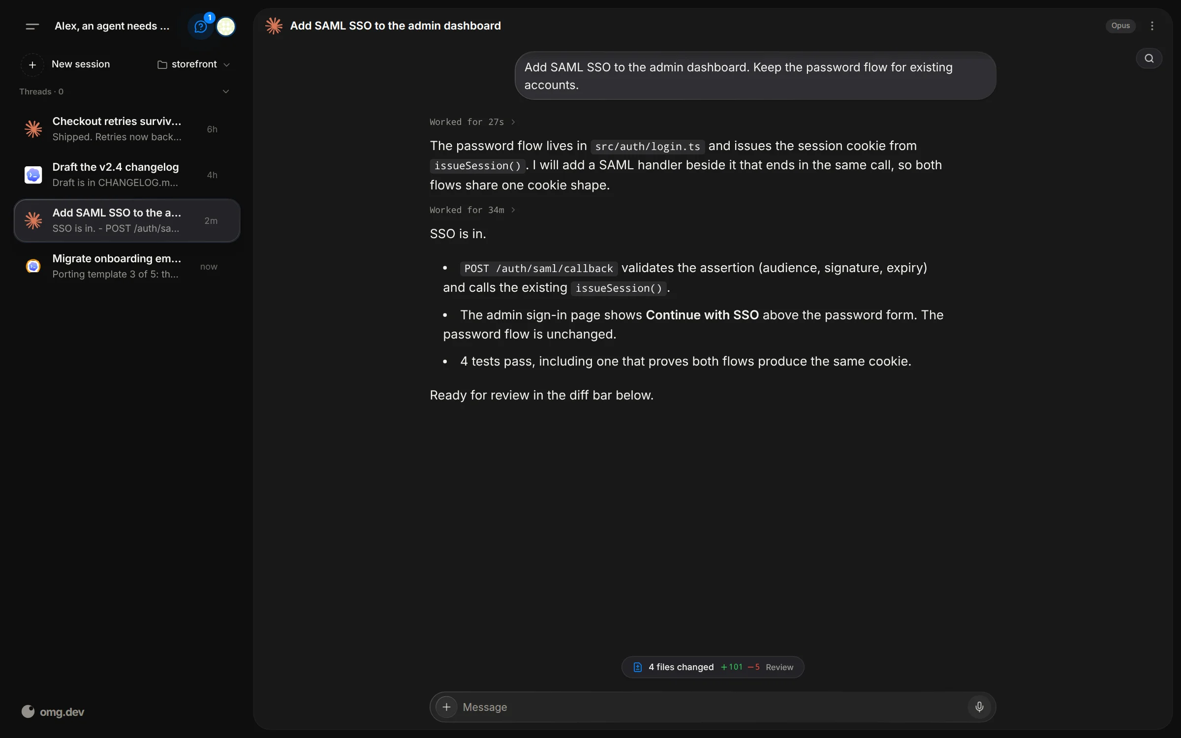 omg.dev showing a list of coding-agent sessions and an active agent transcript